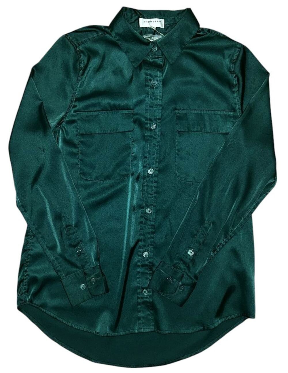 NWT Industry Republic Clothing Green Satin Stretch Button Up Top Women's XS